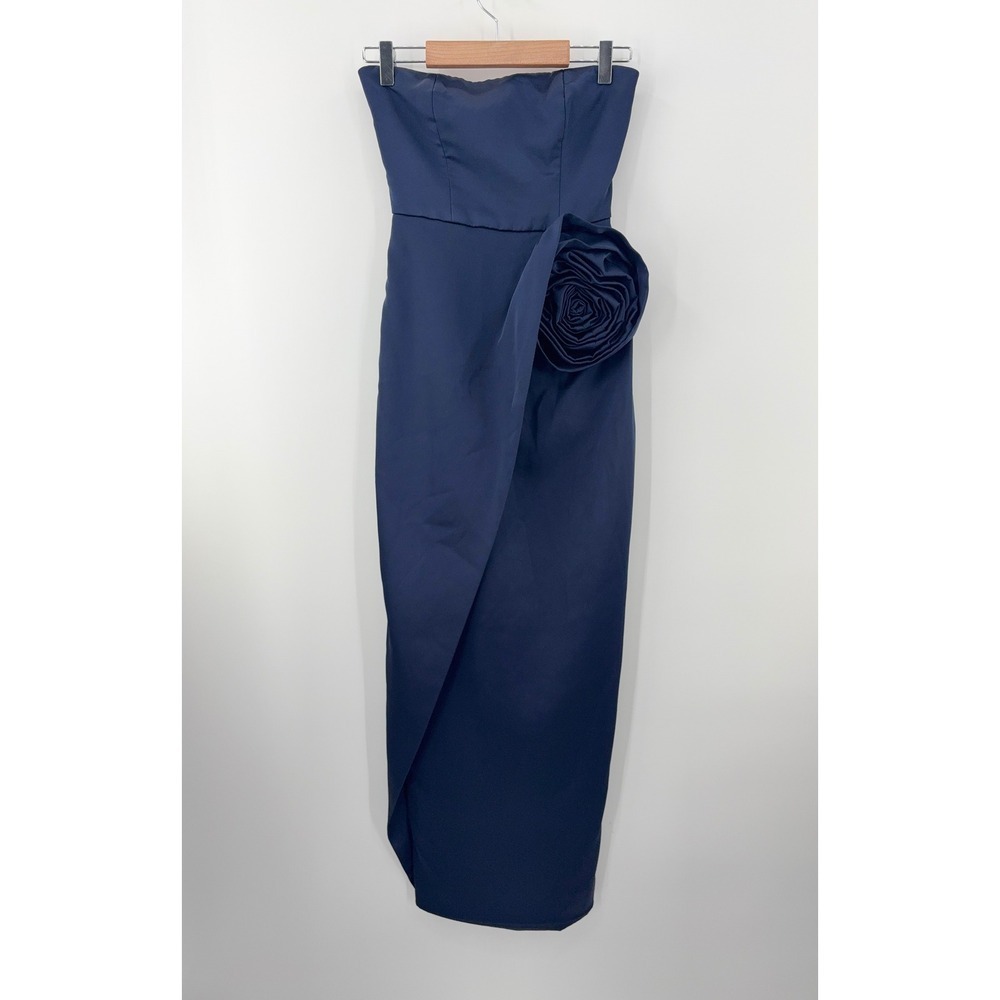 B35 Ronny Kobo Pradova Midi Dress XS Navy Blue Strapless Rosette Slit Cocktail - Picture 5 of 13